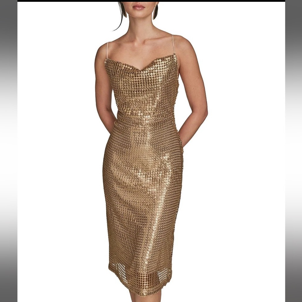 Donna Karan DKNY Gold Sequin Mesh Cowl Neck Sleeveless Midi Dress Sz 12 NWT - Picture 3 of 7